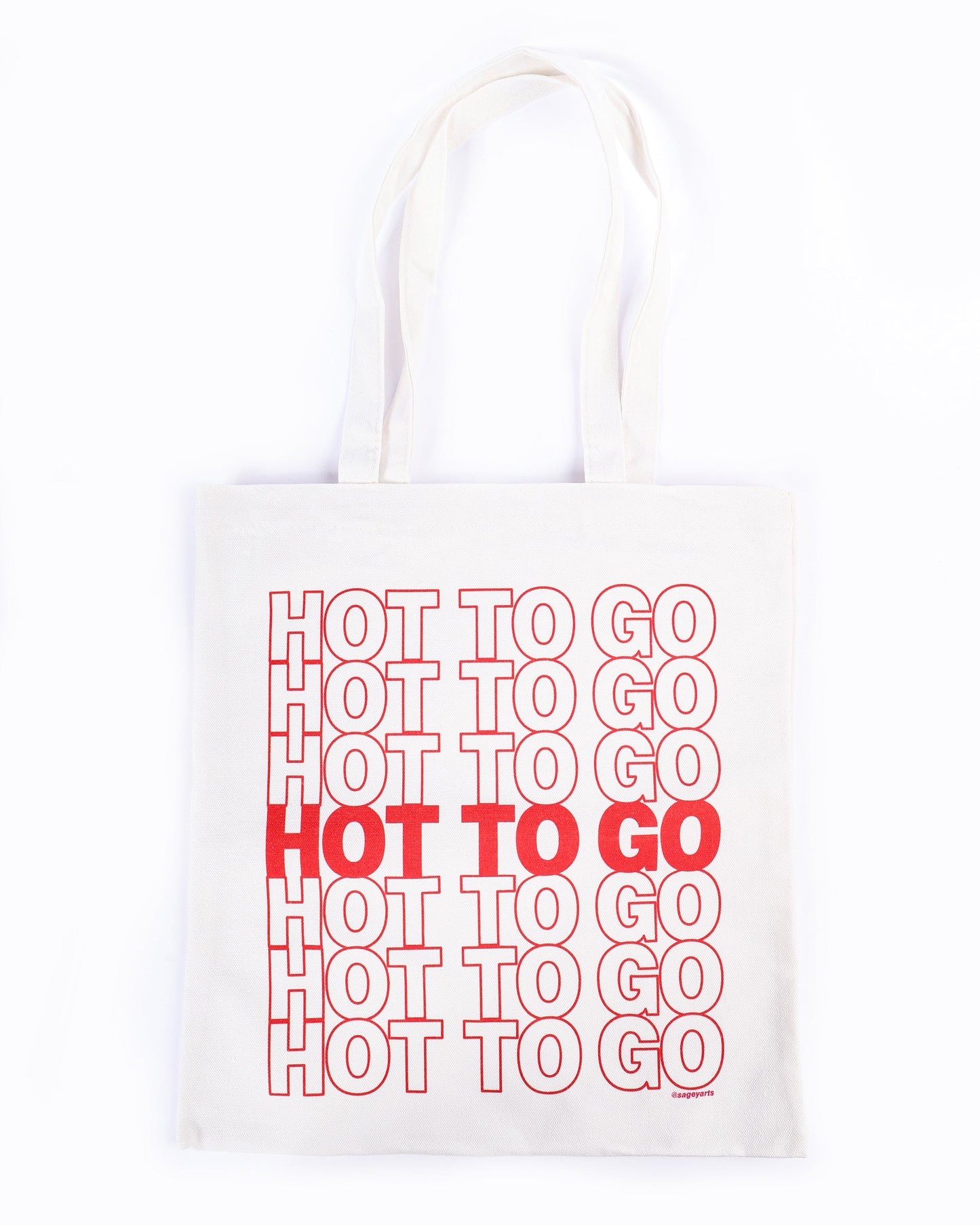 White tote bag with red text 'HOT TO GO' on a white background