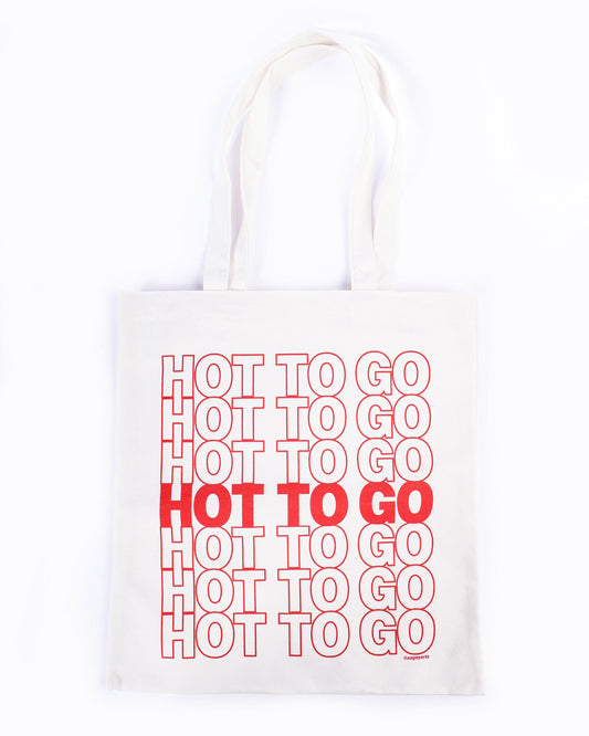 White tote bag with red text 'HOT TO GO' on a white background
